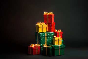 Obraz premium Festive gift stacks holiday season product photography dark background close-up celebration concept for seo impact
