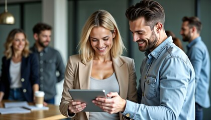 A group of professionals engaged in a collaborative meeting, using a tablet. The image captures teamwork, technology, and a positive office environment.

