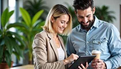 A group of professionals engaged in a collaborative meeting, using a tablet. The image captures teamwork, technology, and a positive office environment.

