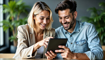 A group of professionals engaged in a collaborative meeting, using a tablet. The image captures teamwork, technology, and a positive office environment.

