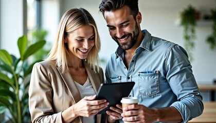 A group of professionals engaged in a collaborative meeting, using a tablet. The image captures teamwork, technology, and a positive office environment.

