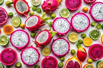 Creative Layout of Dragonfruit on White Background: A Macro Flat Lay Food Concept Highlighting the Unique Textures and Colors of this Exotic Fruit for Culinary Inspiration