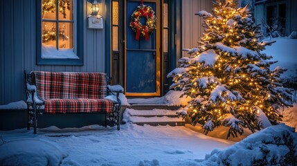 Cozy Winter Scene with Snow-Covered Porch, Festive Wreath on Door, Warm Glow from Christmas Tree Lights, and Charming Plaid Blanket