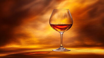 sophisticated glass of white wine filled with amber liquid, symbolizing elegance, warmth, and refinement, with soft lighting enhancing its smooth curves and inviting glow