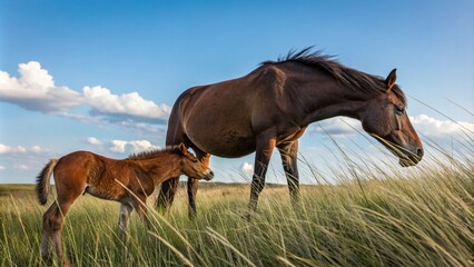 Obraz premium A majestic horse and its young companion grazing in the tall grass, open space, landscape, graze, outdoors