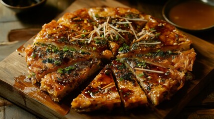 Deliciously Crispy Korean Pancake Slices Garnished with Fresh Green Onions and Sauces on a Rustic Wooden Table, Perfect for Food Photography and Culinary Art