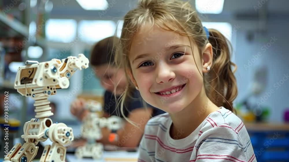 Poster A cheerful young girl works on assembling a robot in a well-lit classroom. Her focused classmate can be seen in the background, also building a robot.