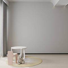 small kids table and chair for study and play in contemporary modern kids bedroom with decoration and empty wall space. 3d illustration