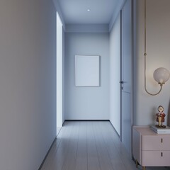 modern contemporary kids bedroom in pink color with mockup poster and decorations. 3d illustration