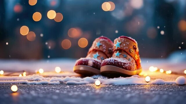 Festive red boots with snow and star decorations amidst warm holiday lights, capturing holiday spirit, happy st. nicholas day, ai
