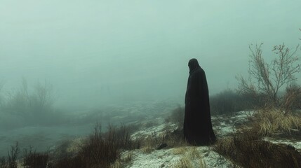 Grim Reaper standing in Foggy Landscape halloween. 