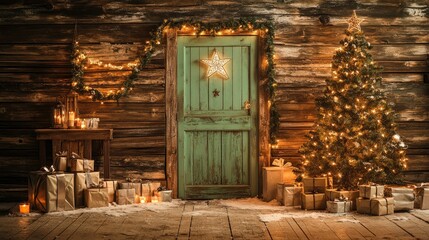 Cozy Rustic Christmas Decor with a Beautiful Green Door, Dreamy Tree, Gifts, and Warm Glow of Candles in a Magical Holiday Setting