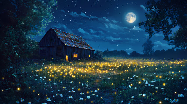 Enchanting night scene with fireflies, a full moon, and an old barn in a serene countryside, creating a magical and peaceful atmosphere in nature. Glittering Firefly Meadow. Illustration