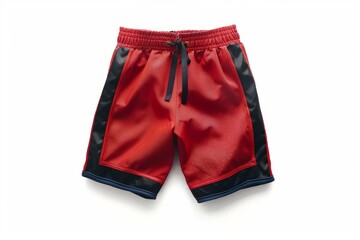 Red and black training shorts laying flat on a white background, showcasing athletic apparel for sports and fitness