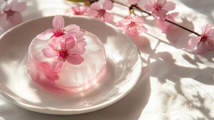 Delicate Pink Jelly Dessert with Cherry Blossom Petals on Soft White Background, Evoking a Calm and Serene Spring Atmosphere in a Beautiful Culinary Display