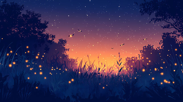 A tranquil night in a meadow, with fireflies illuminating the scene. the background is smooth. Glittering Firefly Meadow. Illustration
