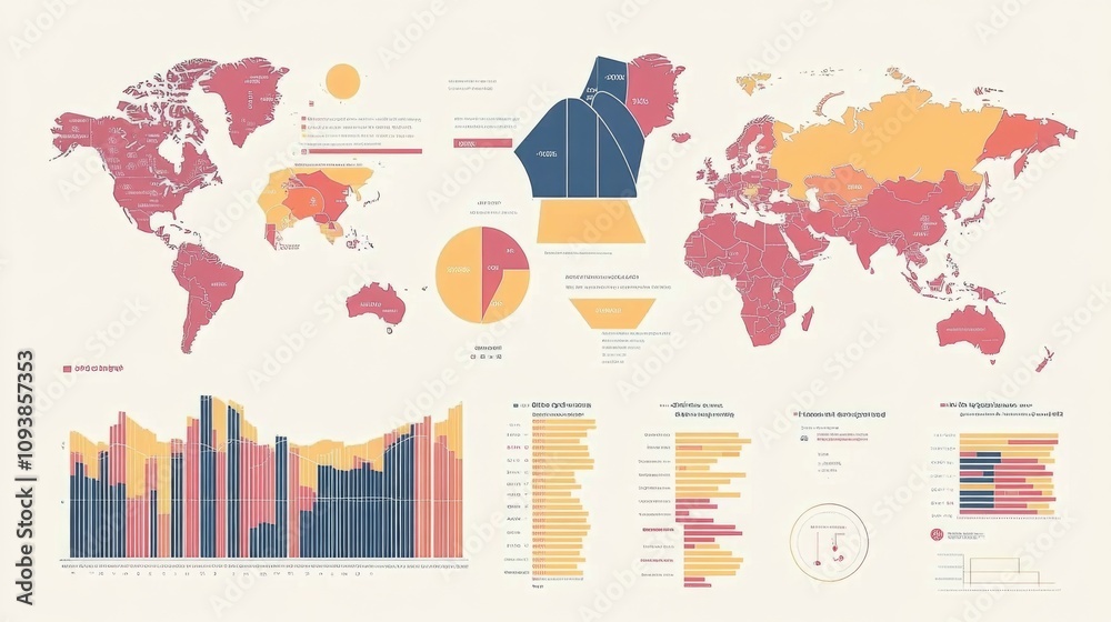 Poster Colorful World Map Infographic Displaying Global Data Trends with Graphs and Charts Representing Various Statistical Insights for Informative Purposes