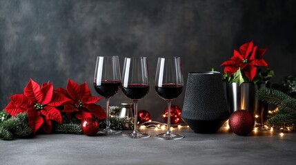 Elegant Holiday Table Setting with Red Wine Glasses, Poinsettias, and Festive Decorations Perfect for Celebrating the Christmas Season and New Year Gatherings