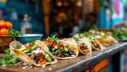A vibrant photo of a Mexican street food stand, featuring freshly made tacos with colorful toppings like avocado, salsa, and cilantro. The rustic setting adds authenticity