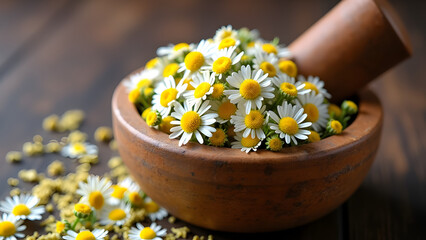 A close-up photograph of freshly picked chamomile flowers in a ceramic bowl. The soft, diffused lighting adds warmth, appealing to 