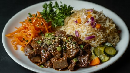 Delicious Plate of Tender Beef with Rice, Stir-Fried Vegetables, and Fresh Herbs Garnished with Sesame Seeds on a Dark Background