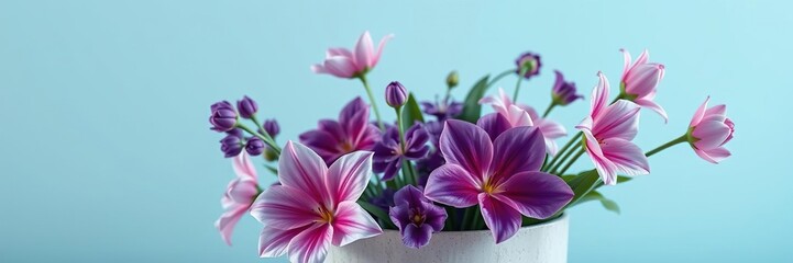 Obraz premium arrangement of abstract purple and pink flowers in a unique container, nature-inspired, flower arrangement, eclectic interior