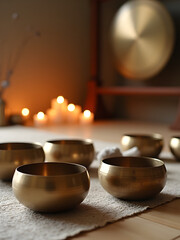 Photograph of a sound healing session, featuring Tibetan singing bowls arranged on a soft rug, with a gong in the background. The room is softly lit with candles and decorated with calming tones and n