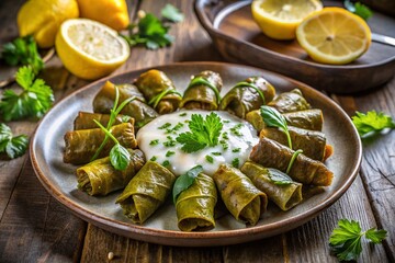 Deliciously Stuffed Grape Leaves with Lemon Slices, Fresh Herbs, and Creamy White Sauce in a Beautiful Food Photography Presentation