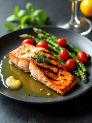 Photograph of a gourmet seafood dish featuring grilled salmon fillet served with asparagus, cherry tomatoes, and a drizzle of lemon butter sauce. The plate is arranged on a dark slate surface with fre