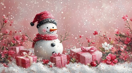 Fototapeta premium A pink glittery background with a snowman in centered, flowers, and presents in shades of pink, white, and silver, water color style