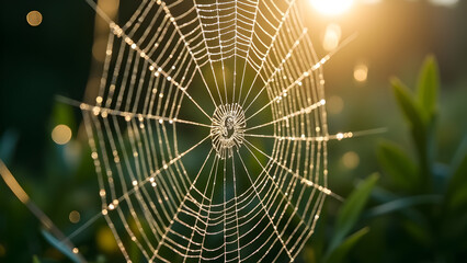 Fototapeta premium A spiderweb covered in dew droplets, glistening in the morning sun