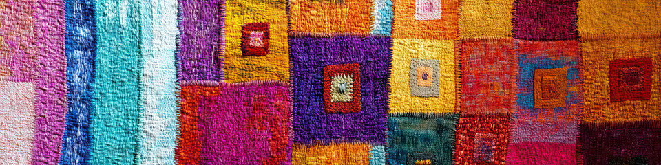 Obraz premium A handwoven tapestry, adorned with vibrant colors and geometric shapes, hanging from a rough-hewn wooden beam.