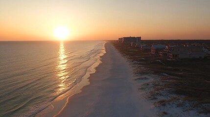 Aerial view of a sandy beach coastline with a sunset over the ocean.