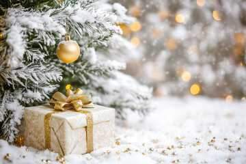 Snowy tree decorated with golden gifts and Christmas trinkets