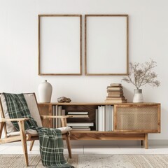 Fototapeta premium A wooden cabinet with a chair, a vase, books, and framed artwork in a light and airy room