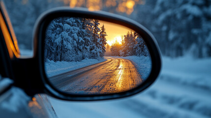 Obraz premium Sunlight reflects off a snowy winter road captured through a car window creating a serene and peaceful atmosphere symbolizing clarity hope and the journey forward in a cold season