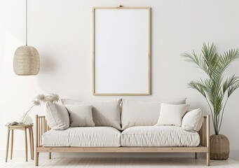 Minimalist living room interior design with a light gray sofa, two wooden side tables, a vase with plant, and a framed abstract artwork on the wall