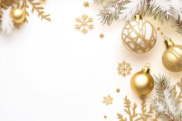 Golden Christmas ornaments with copy space