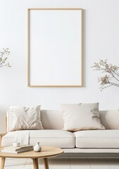 Minimalist living room interior with a blank picture frame, a sofa, throw pillows, a coffee table, a bowl, and books