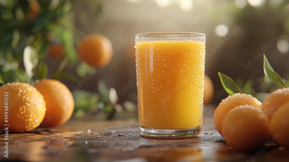 Poster Freshly Squeezed Orange Juice in a Clear Glass Surrounded by Juicy Oranges on a Rustic Table with Soft Natural Light and Dew Drops