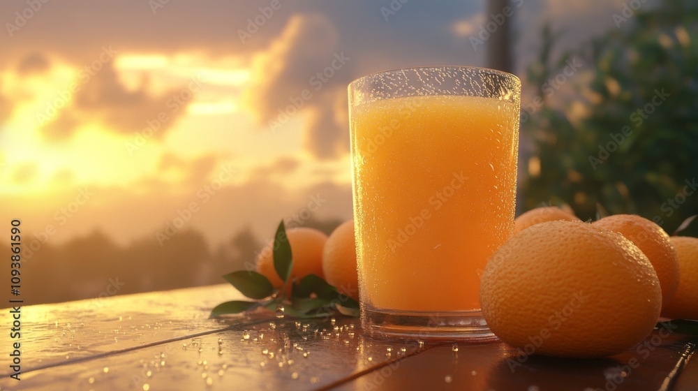 Poster Refreshing Glass of Orange Juice with Fresh Oranges on a Wooden Table Against a Beautiful Sunset Background with Soft Focus and Natural Vibes