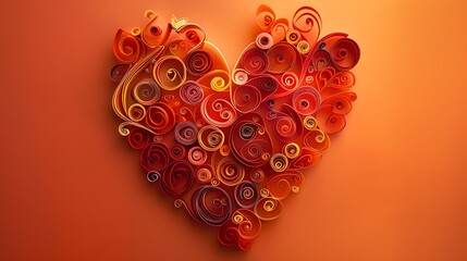 A heart-shaped quilling design composed of intricate loops and spirals in warm tones, symbolizing love and craftsmanship. 8k UHD, suitable for high-quality printing or digital display. 