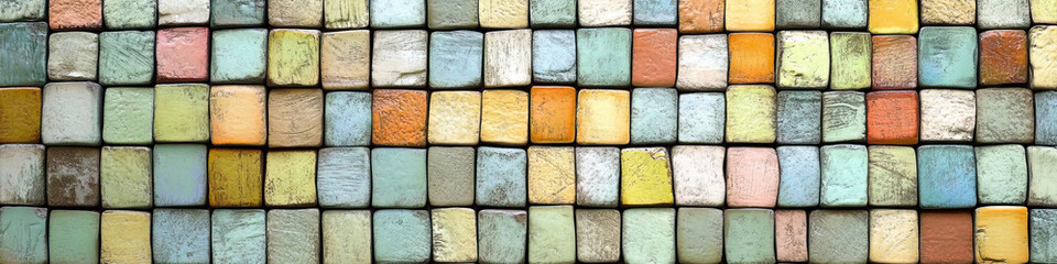 Matte Mosaic: A wall covered in small tiles, each painted with a muted color, creating a serene backdrop.