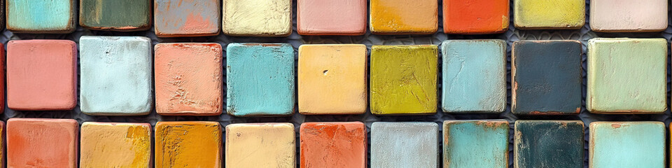 Fototapeta premium Matte Mosaic: A wall covered in small tiles, each painted with a muted color, creating a serene backdrop.