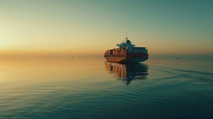 Morning scene of a container ship at a quiet harbor with calm water.
