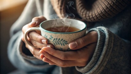 A closeup of hands holding a comforting cup of herbal tea representing selfcare during financial stress.