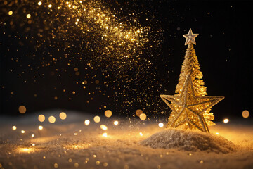 golden Christmas tree pole star with Glitter-defocused abstract Twinkly Lights with golden dust and shine beautiful tree star. Bright futuristic luxury for Christmas and party backdrop. AI Generative.