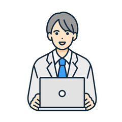 Fototapeta premium 部屋でPCを使い学習をする高校生。インターネットを使い学ぶ男の子のイラスト。