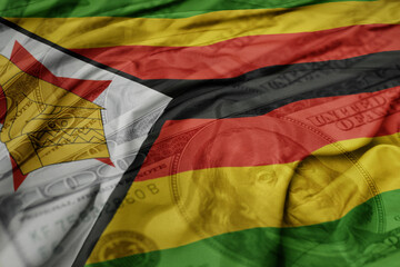 waving colorful flag of zimbabwe on the dollar money background. finance concept.