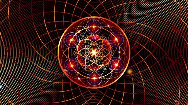Video animation Metatron's Cube, Flower of Life. Golden Sacred geometry, graphic geometric torus, dark background. Mystic gold icon platonic solids, abstract geometric drawing, crop circles